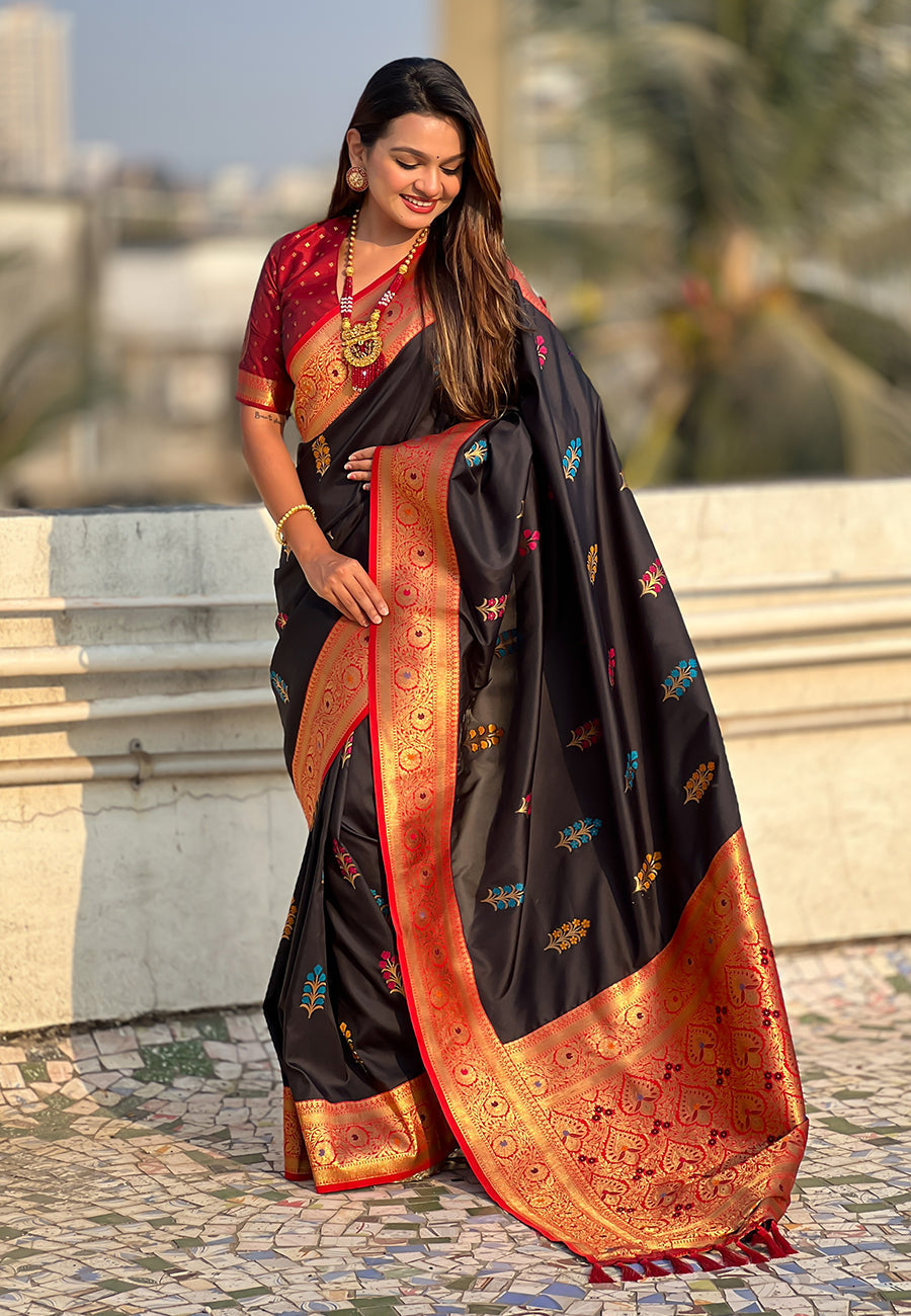 Black soft silk saree with flower butta meenakari zari woven saree