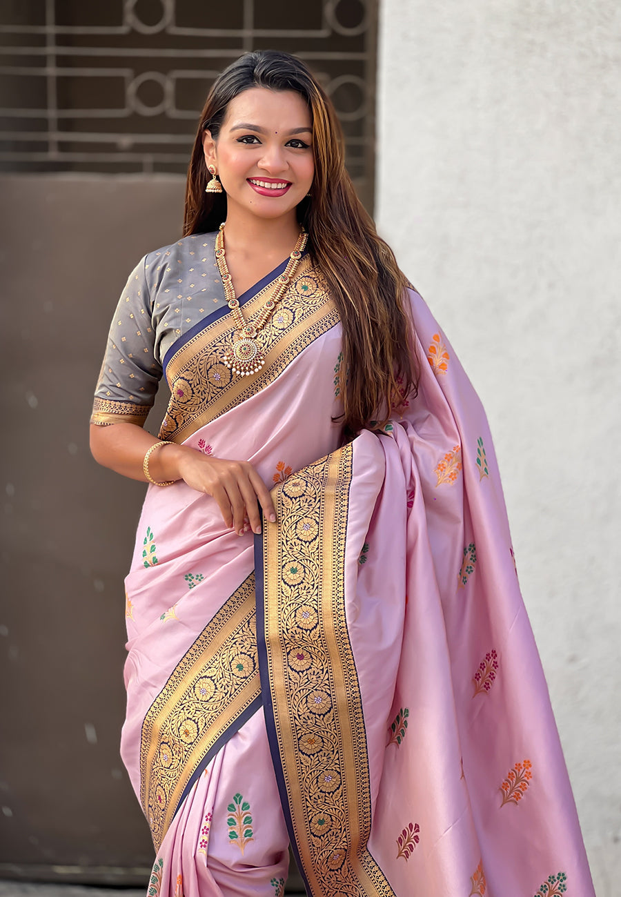 Lavender soft silk saree with flower butta meenakari zari woven saree