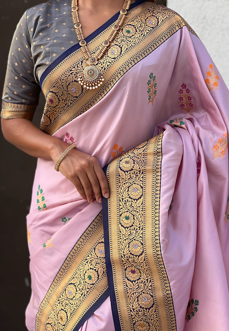 Lavender soft silk saree with flower butta meenakari zari woven saree