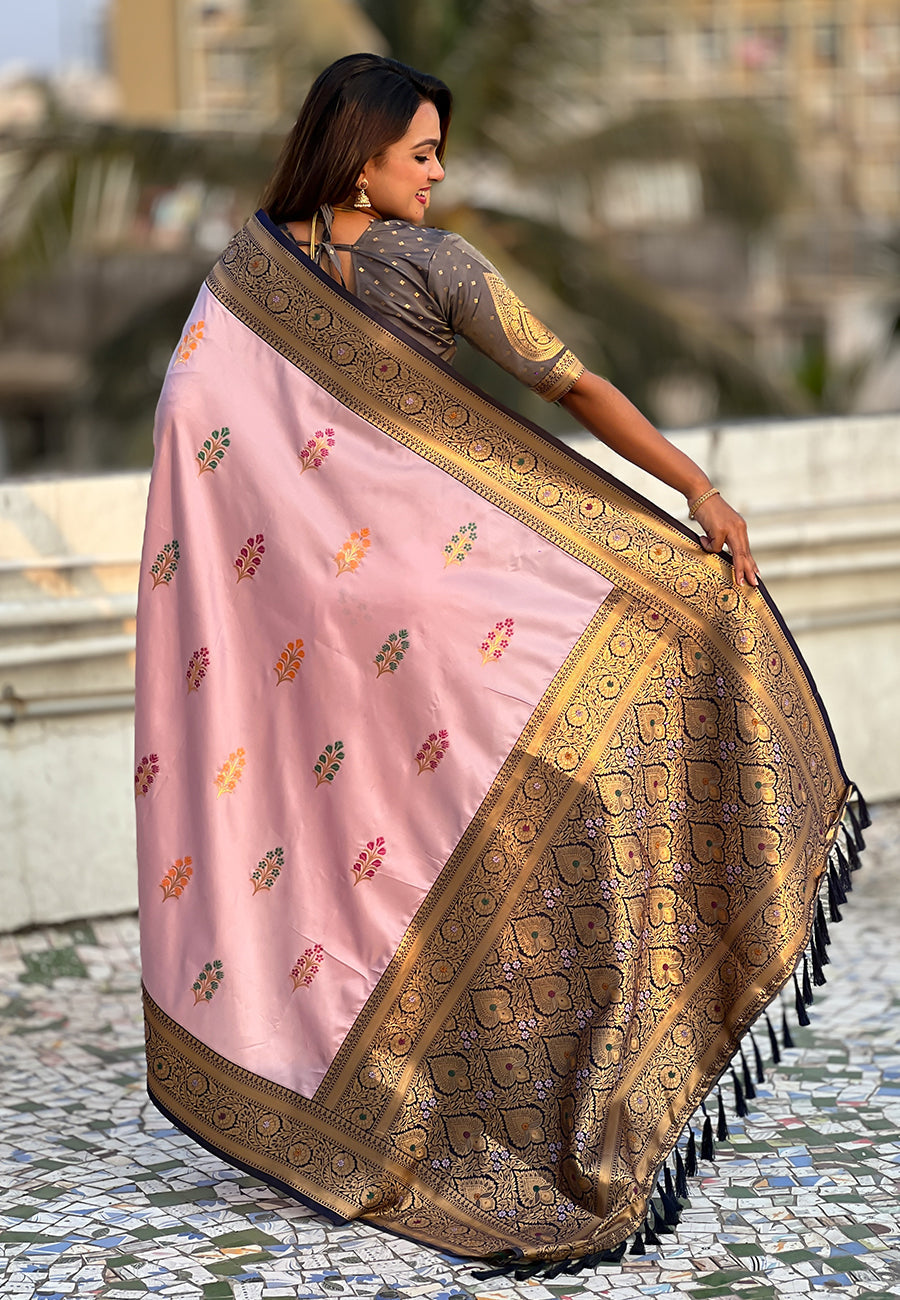 Lavender soft silk saree with flower butta meenakari zari woven saree