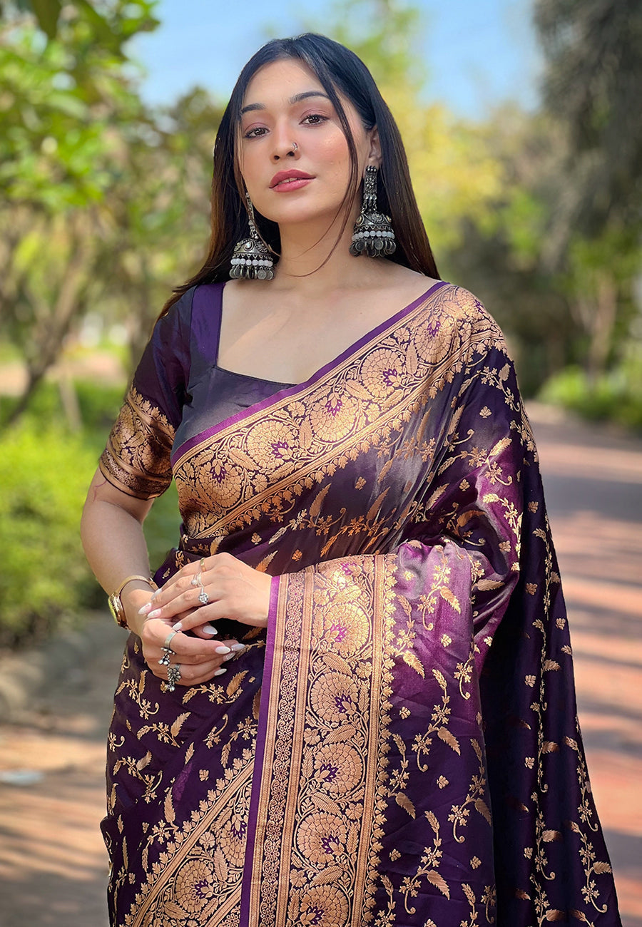 Dark magenta banarasi jaal katan silk zari woven saree