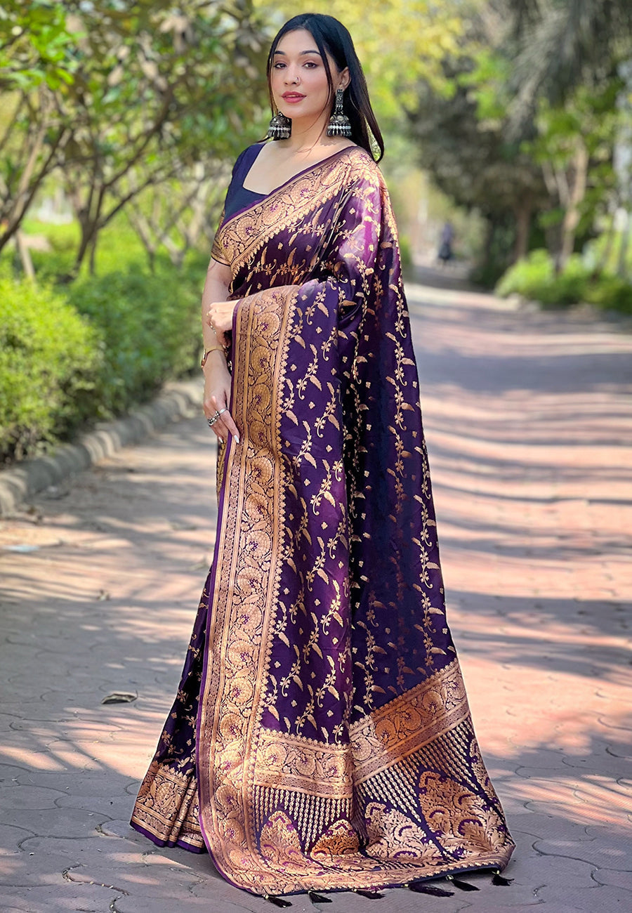 Dark magenta banarasi jaal katan silk zari woven saree