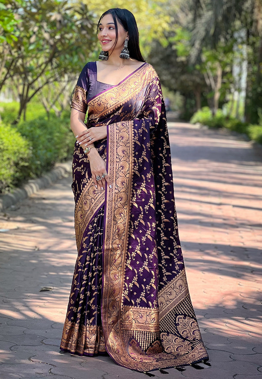 Dark magenta banarasi jaal katan silk zari woven saree