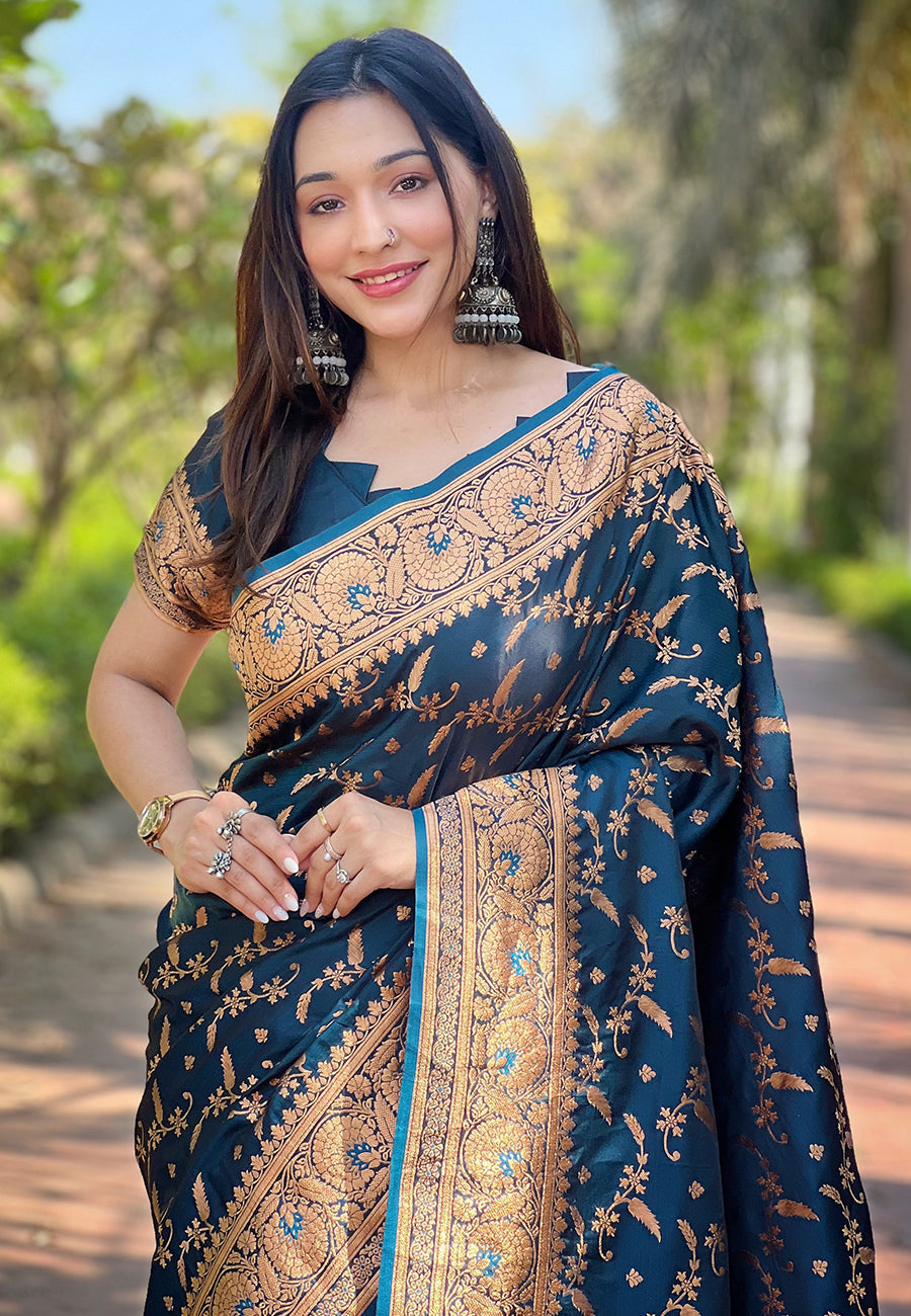 Deep blue banarasi jaal katan silk zari woven saree