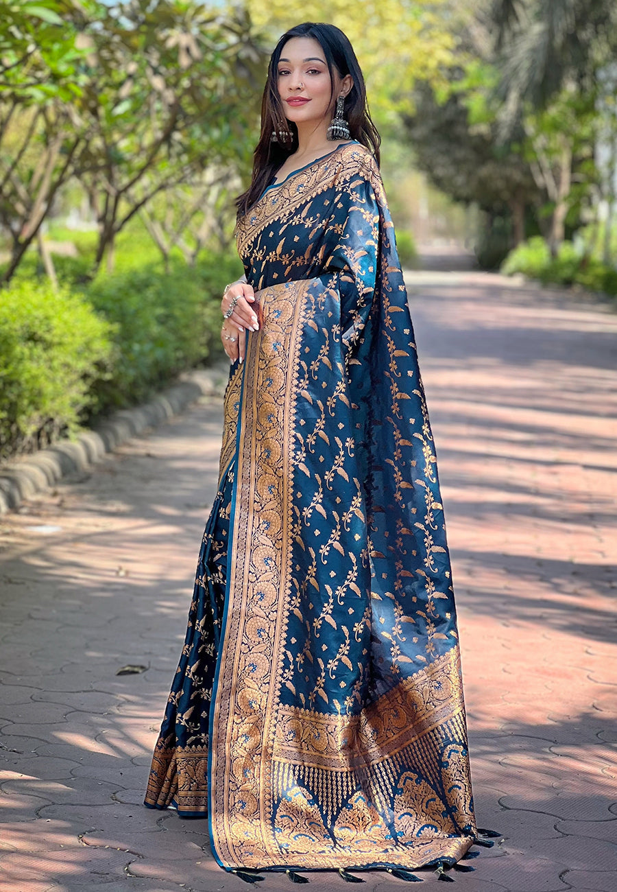 Deep blue banarasi jaal katan silk zari woven saree