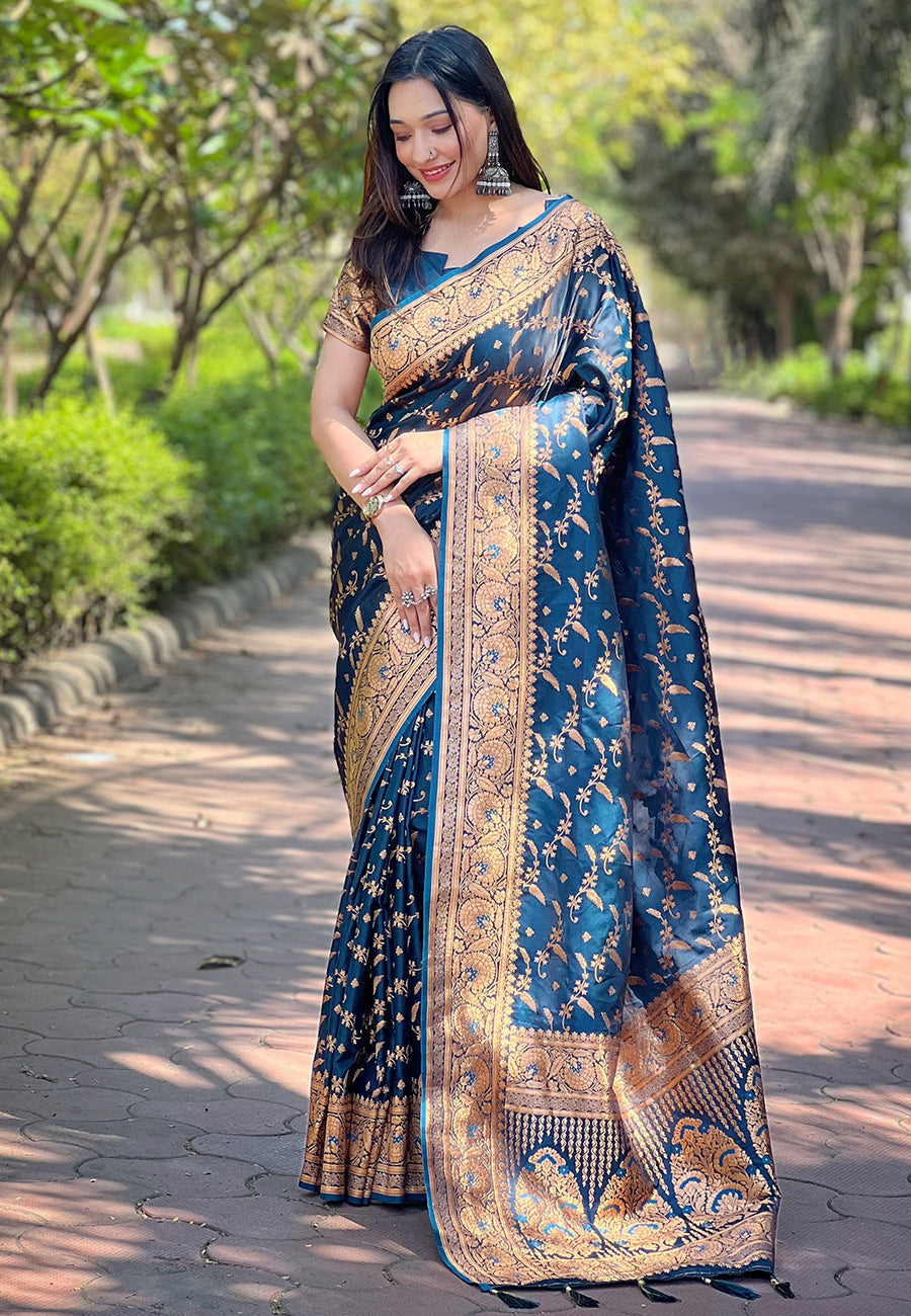 Deep blue banarasi jaal katan silk zari woven saree