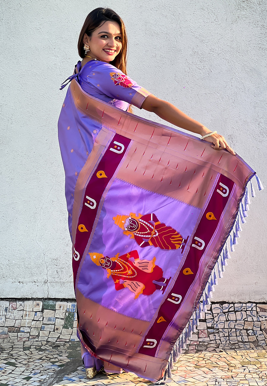 Lavender zari woven vitthala god special traditional paithani silk saree