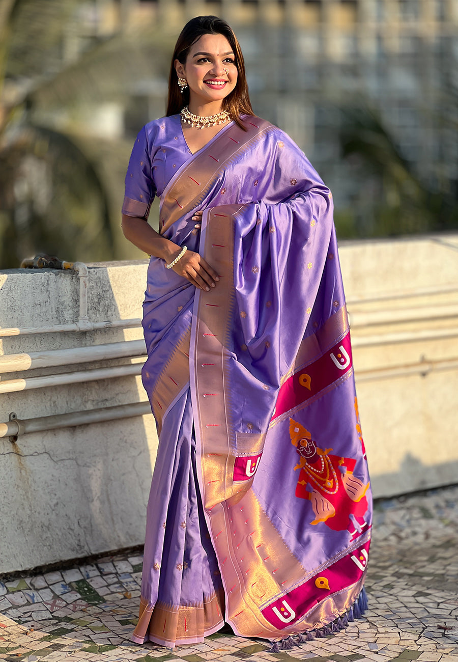 Lavender zari woven vitthala god special traditional paithani silk saree