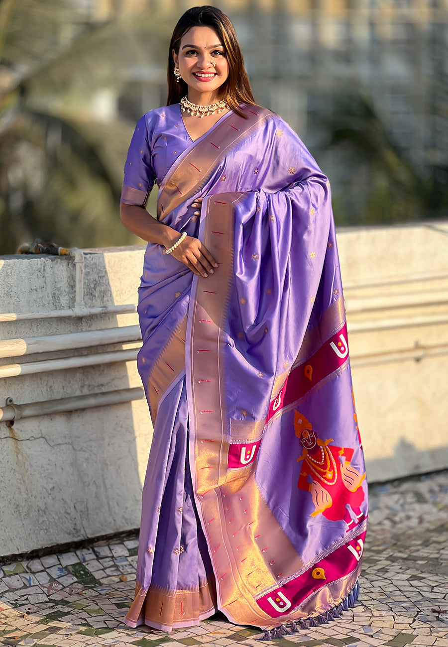 Lavender zari woven vitthala god special traditional paithani silk saree