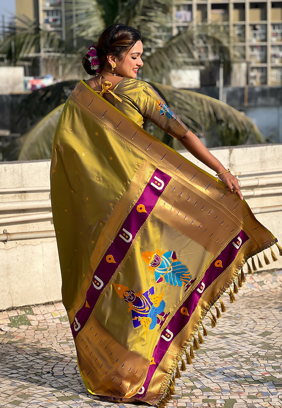 Mehendi green zari woven vitthala god special traditional paithani silk saree