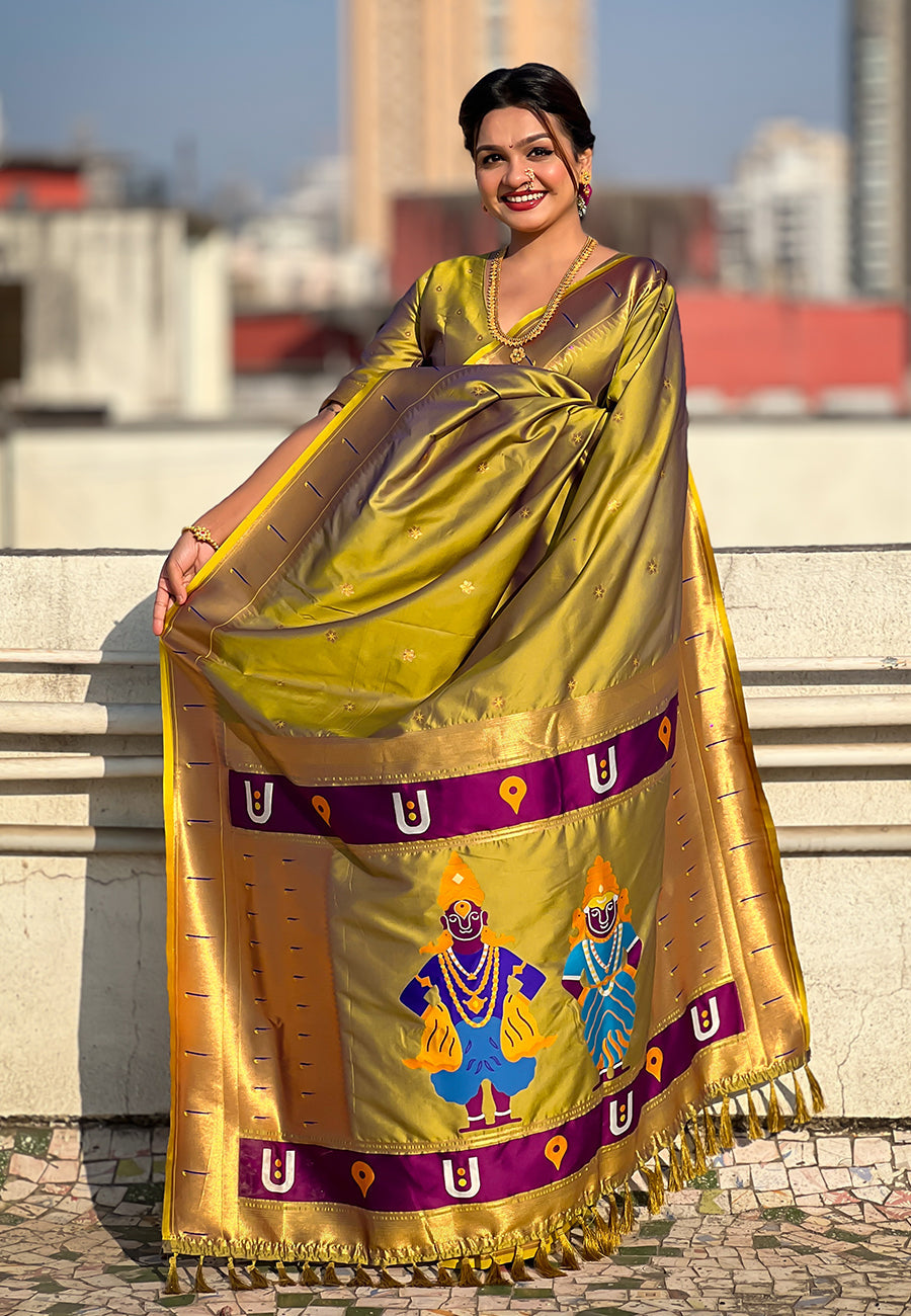 Mehendi green zari woven vitthala god special traditional paithani silk saree