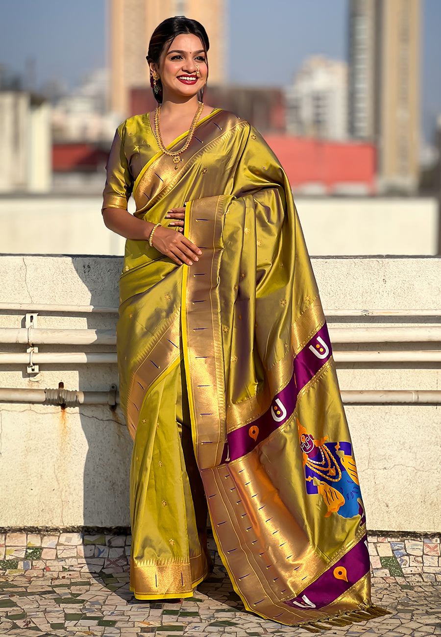 Mehendi green zari woven vitthala god special traditional paithani silk saree