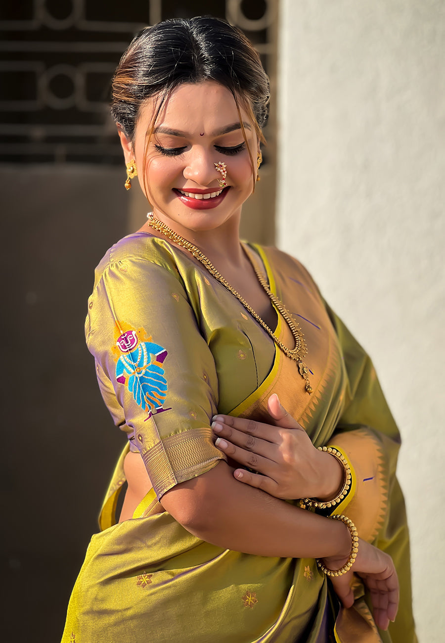Mehendi green zari woven vitthala god special traditional paithani silk saree
