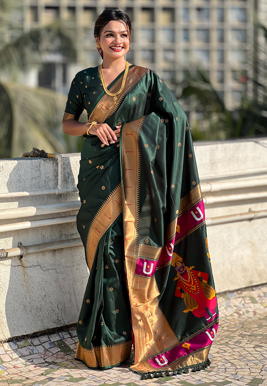 Bottle green zari woven vitthala god special traditional paithani silk saree