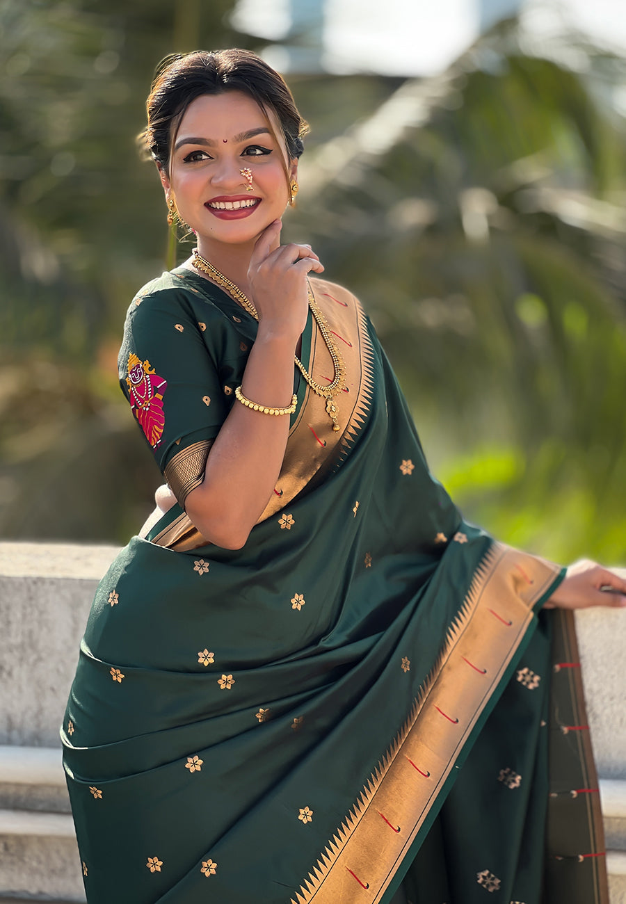 Bottle green zari woven vitthala god special traditional paithani silk saree