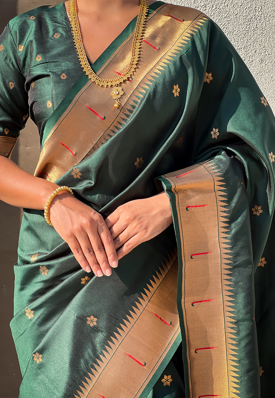 Bottle green zari woven vitthala god special traditional paithani silk saree