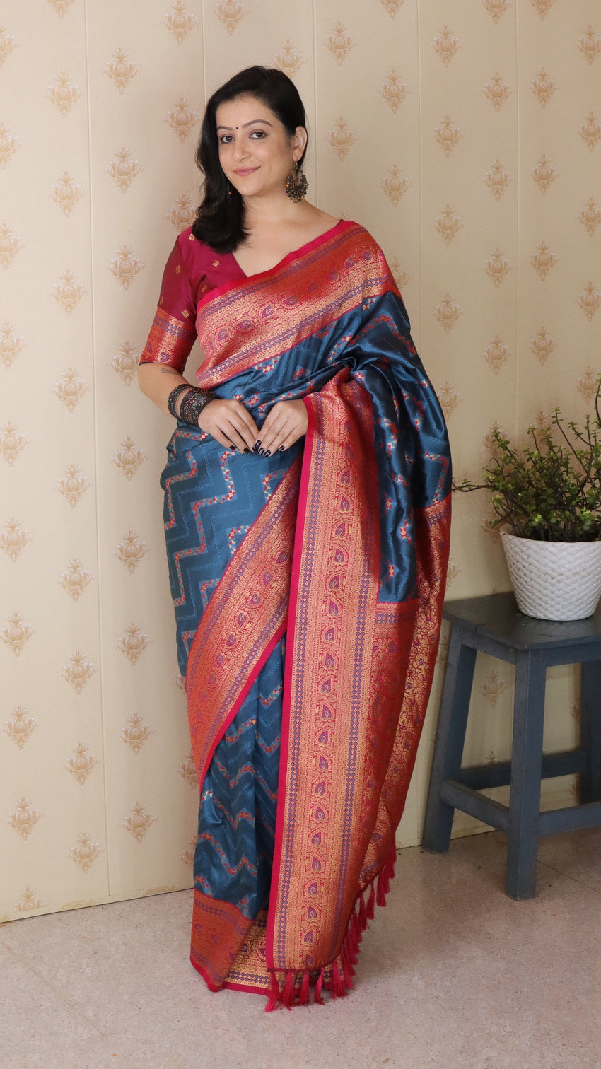 Denim blue soft silk banarasi zigzag meenakari zari woven saree