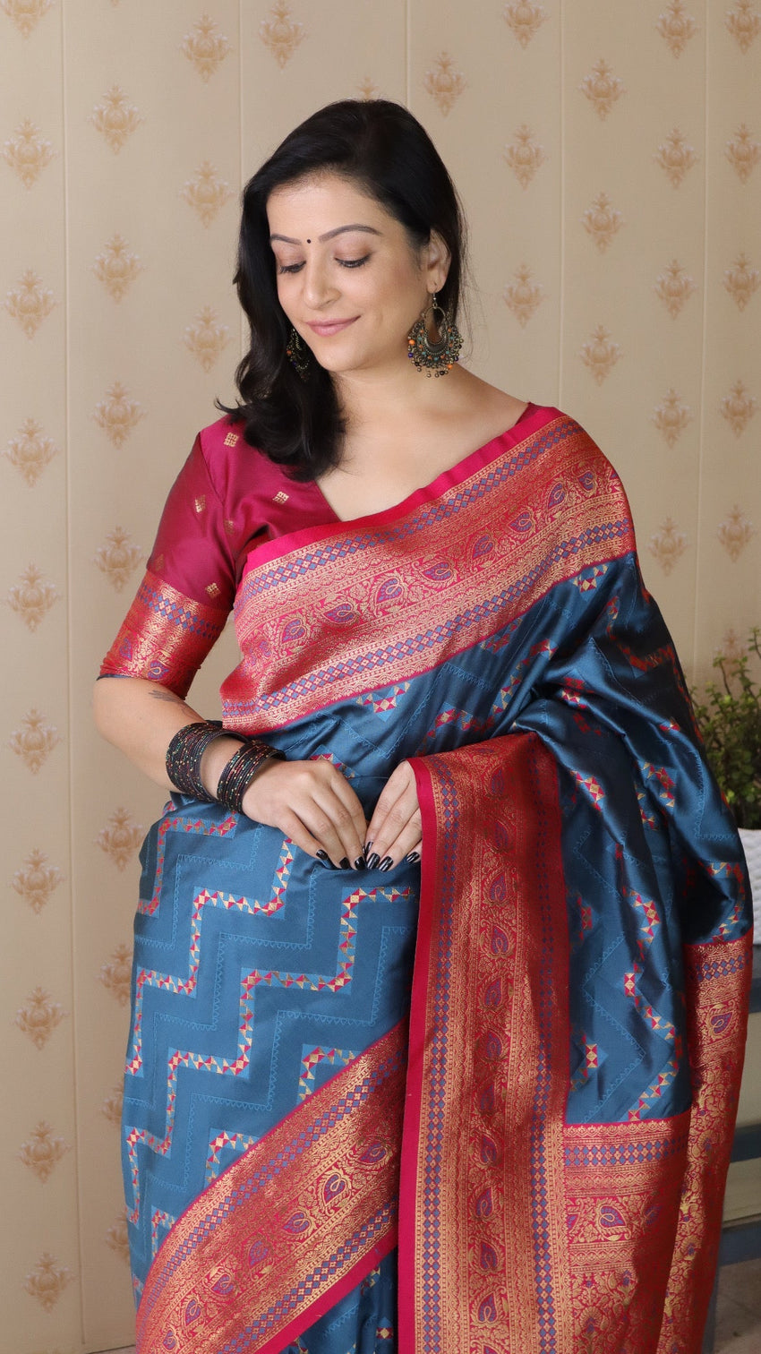Denim blue soft silk banarasi zigzag meenakari zari woven saree