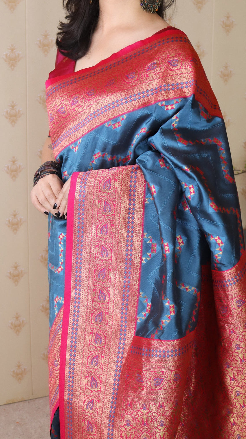 Denim blue soft silk banarasi zigzag meenakari zari woven saree