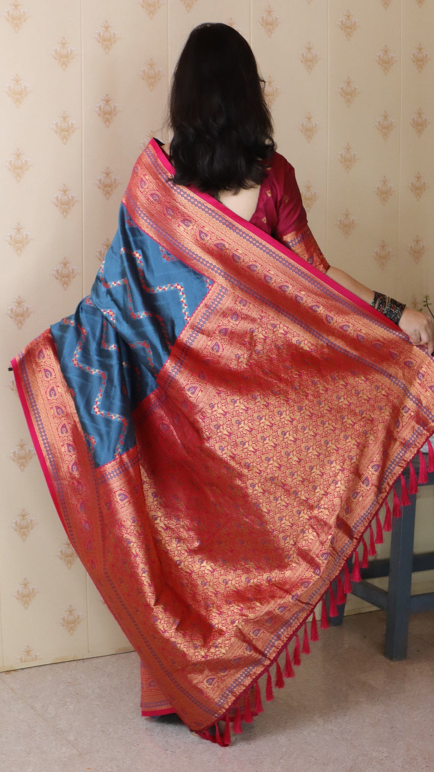 Denim blue soft silk banarasi zigzag meenakari zari woven saree