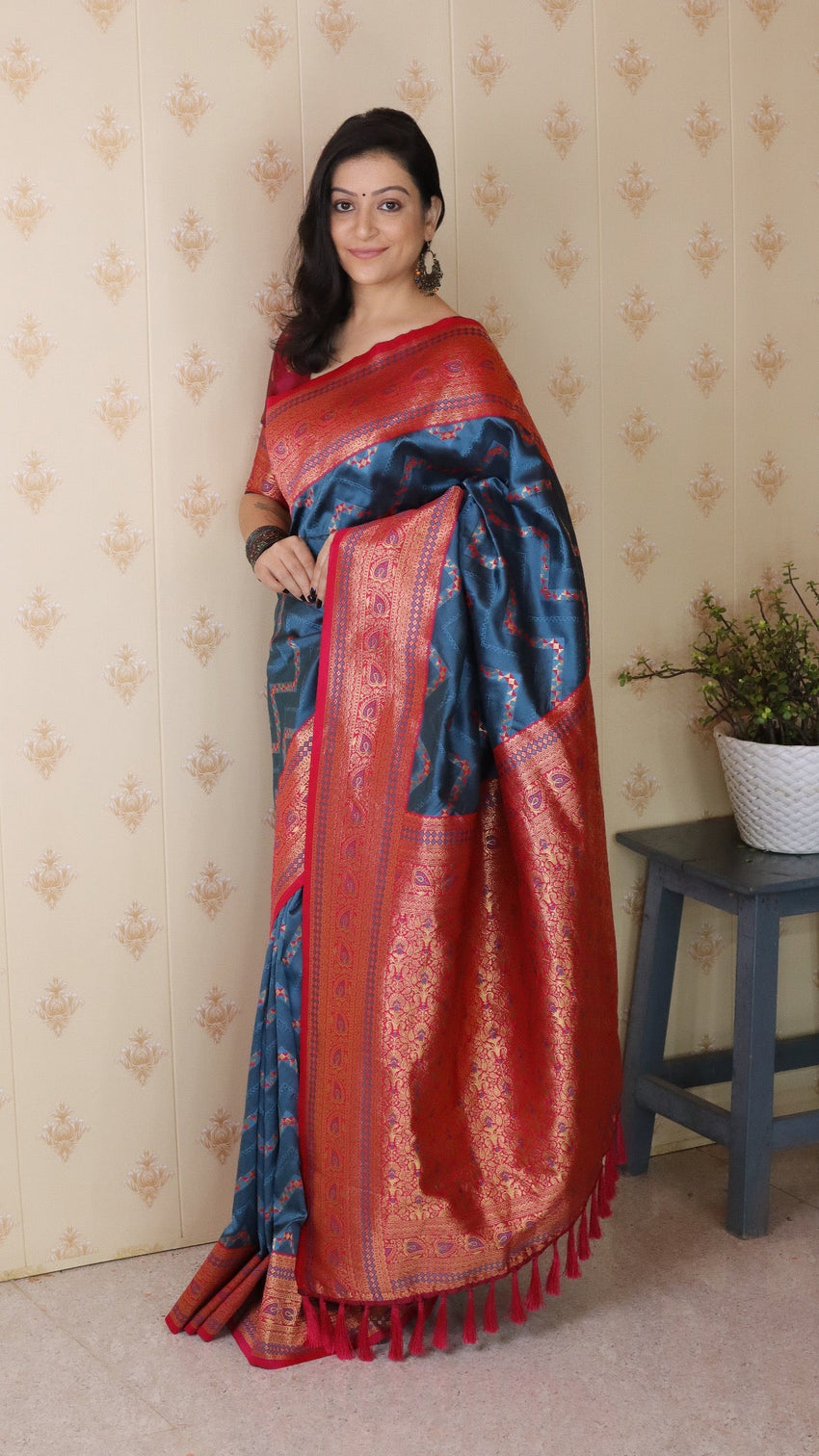 Denim blue soft silk banarasi zigzag meenakari zari woven saree
