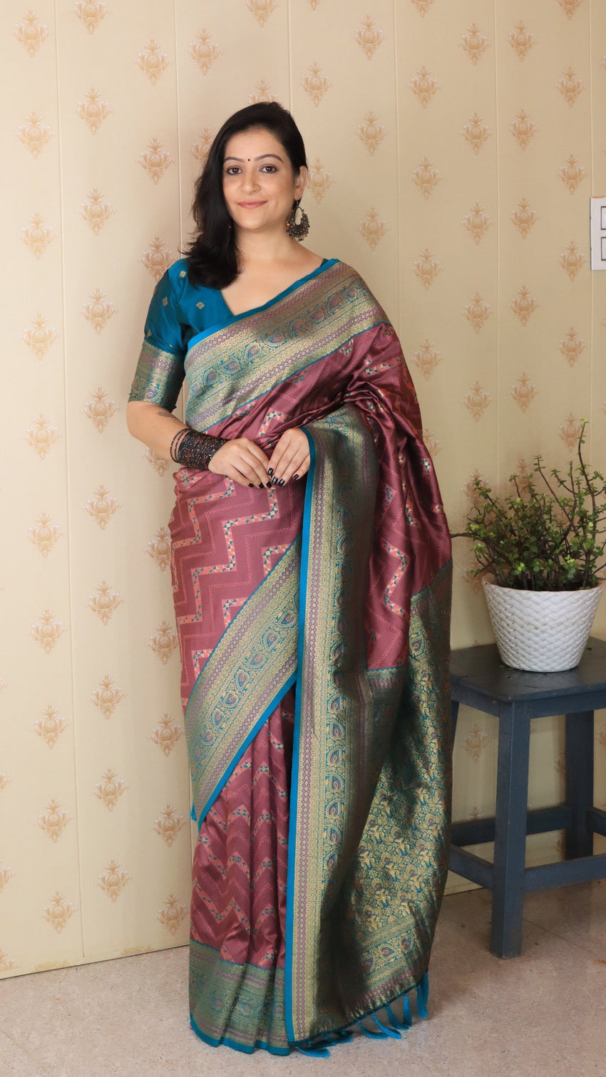 Coral pink soft silk banarasi zigzag meenakari zari woven saree