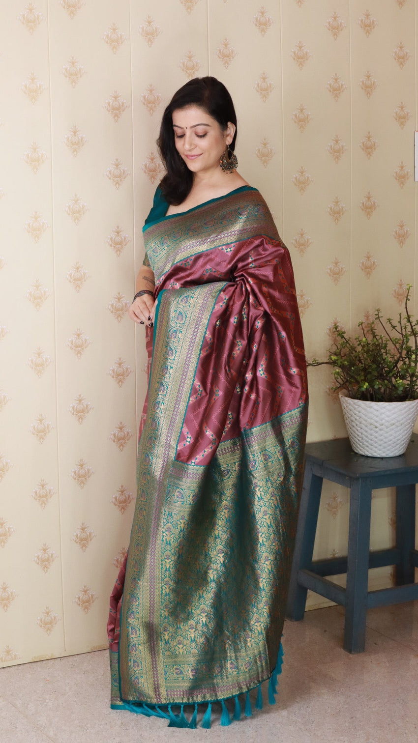 Coral pink soft silk banarasi zigzag meenakari zari woven saree
