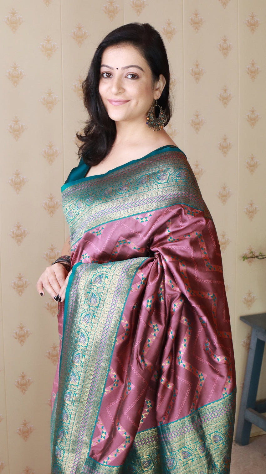 Coral pink soft silk banarasi zigzag meenakari zari woven saree