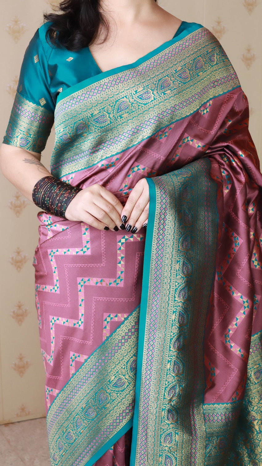 Coral pink soft silk banarasi zigzag meenakari zari woven saree