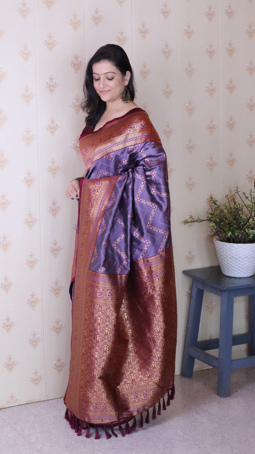 Lavender soft silk banarasi zigzag meenakari zari woven saree