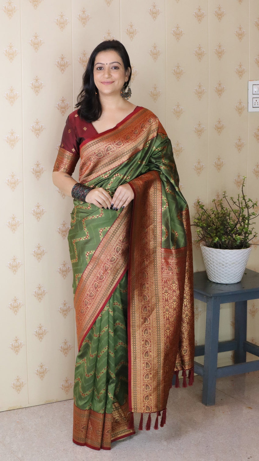 Green with maroon soft silk banarasi zigzag meenakari zari woven saree