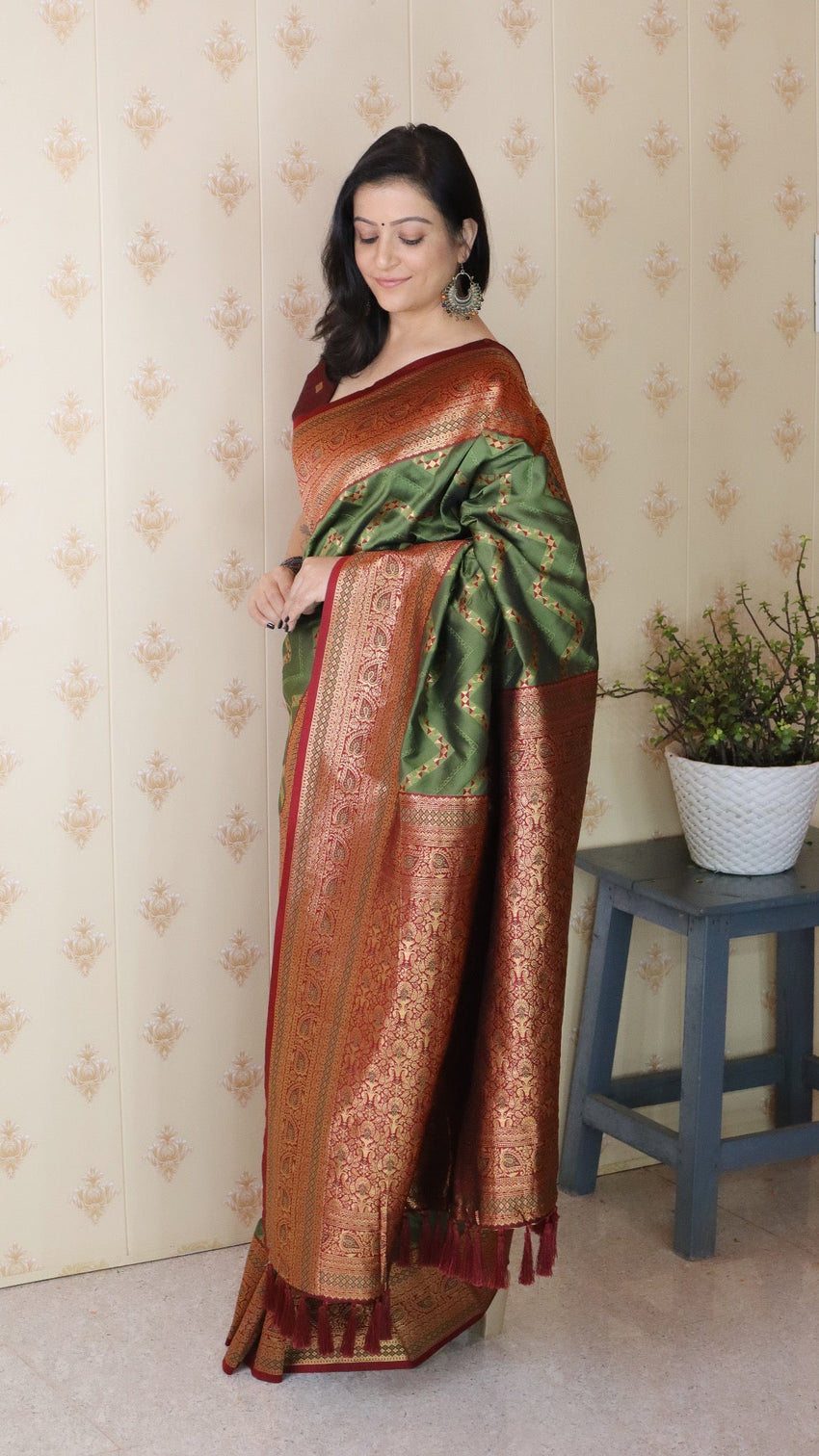 Green with maroon soft silk banarasi zigzag meenakari zari woven saree