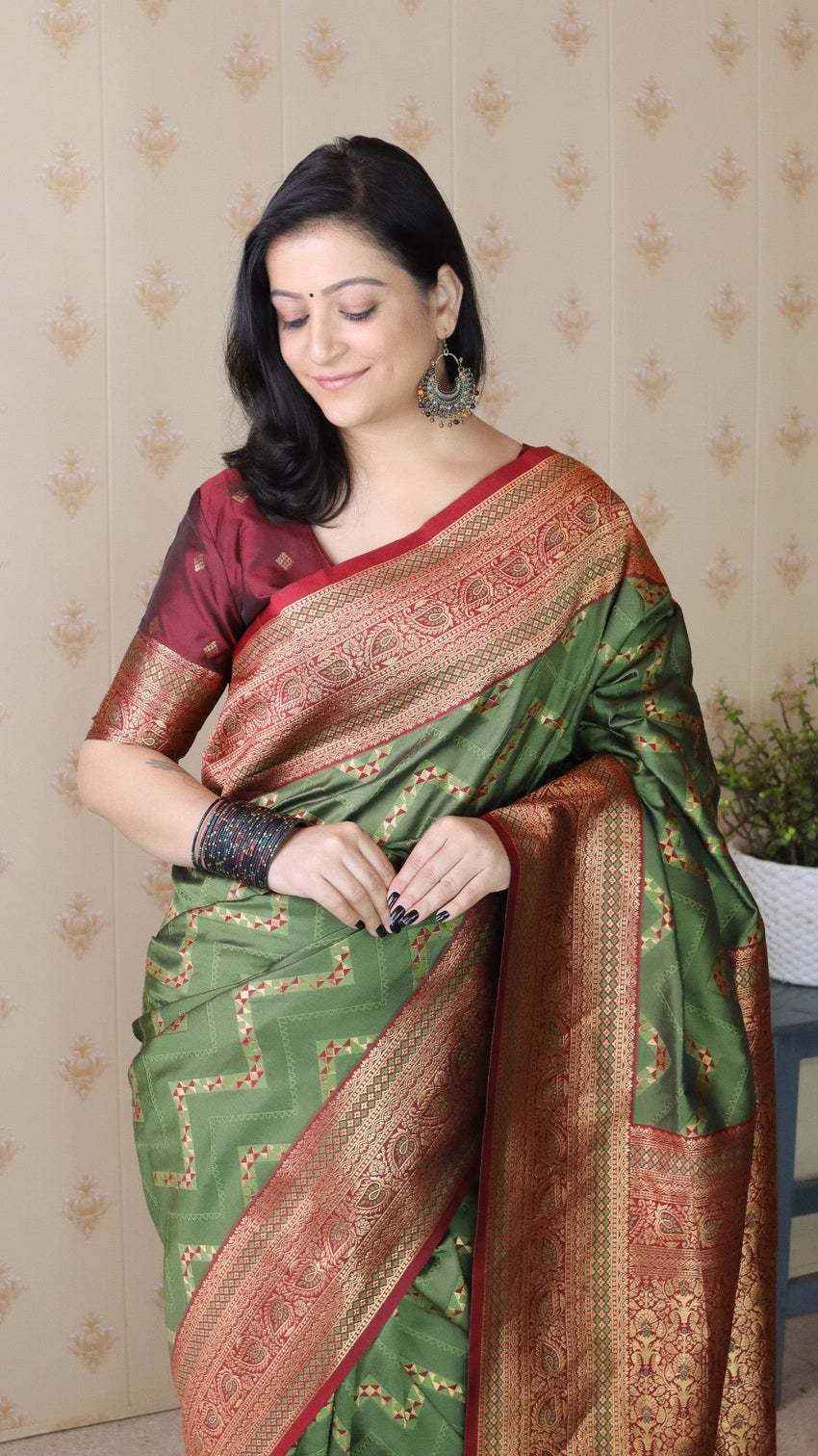 Green with maroon soft silk banarasi zigzag meenakari zari woven saree