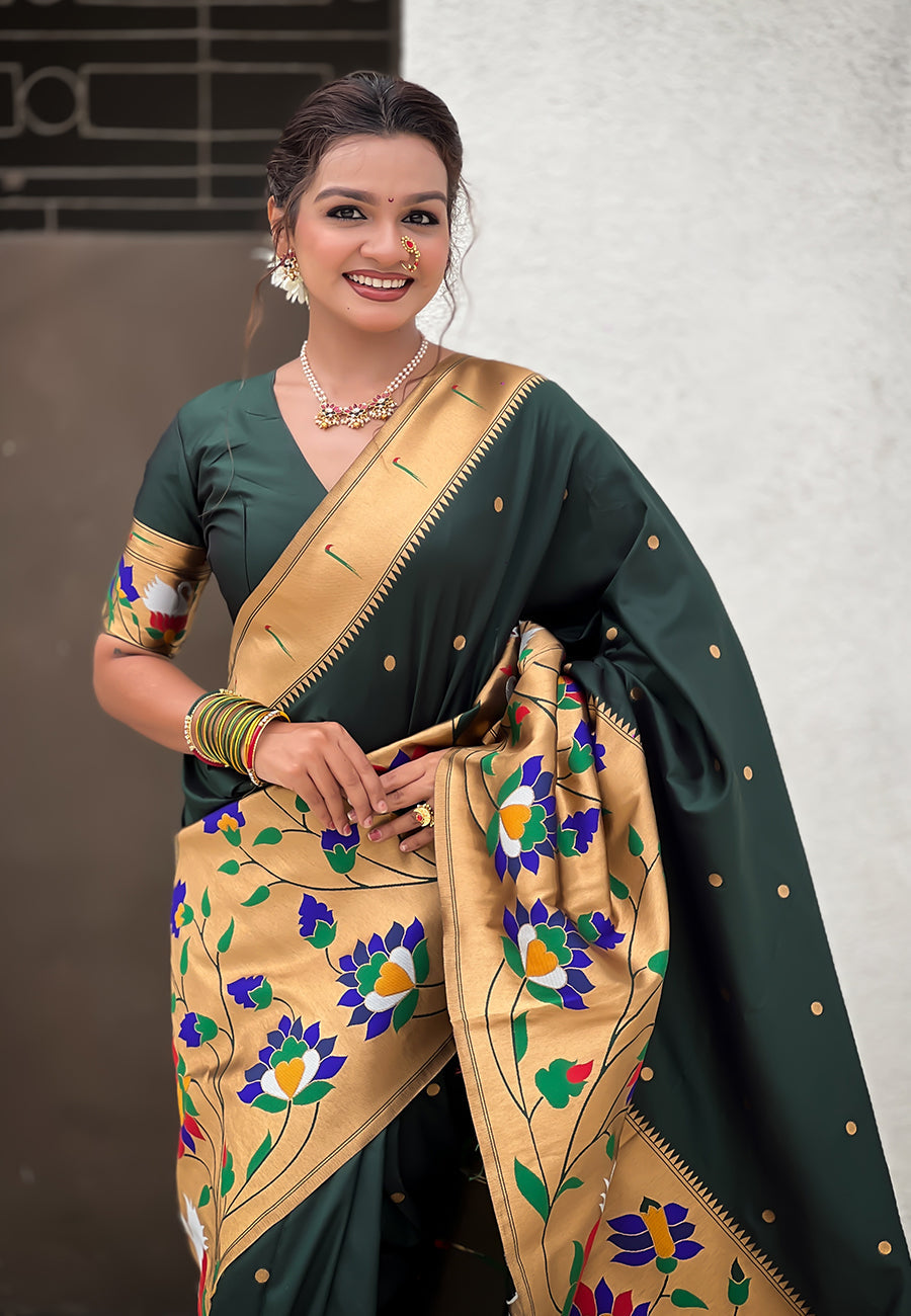 Bottle green paithani silk saree with half half concept big border zari woven saree