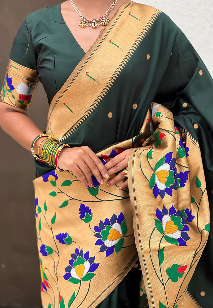Bottle green paithani silk saree with half half concept big border zari woven saree