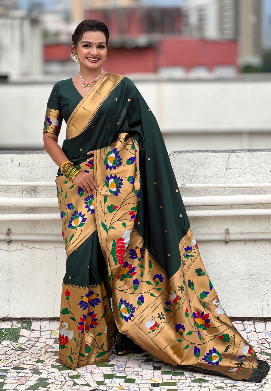 Bottle green paithani silk saree with half half concept big border zari woven saree