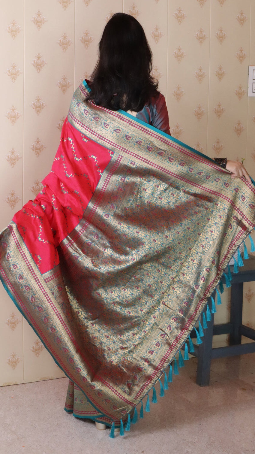 Pink soft silk banarasi zigzag meenakari zari woven saree