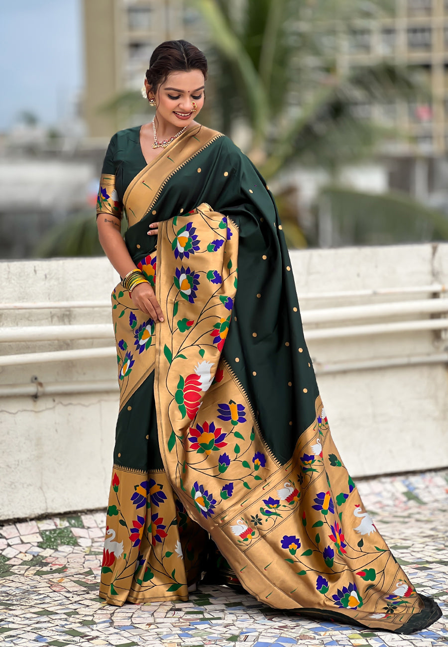 Bottle green paithani silk saree with half half concept big border zari woven saree