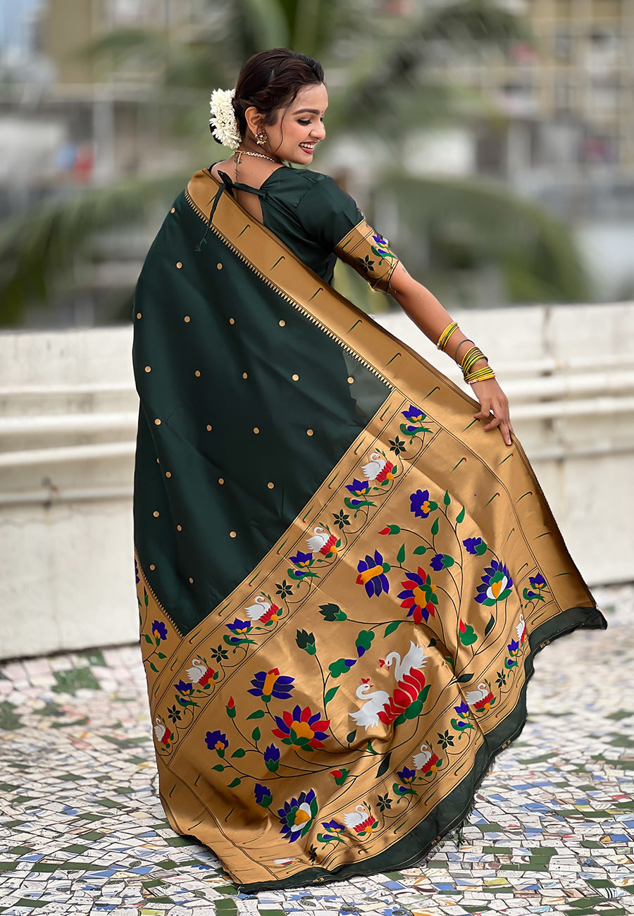 Bottle green paithani silk saree with half half concept big border zari woven saree