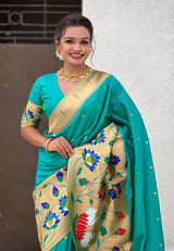 Sea Blue Paithani Silk Saree with Half Half Concept Big Border Zari Woven Saree
