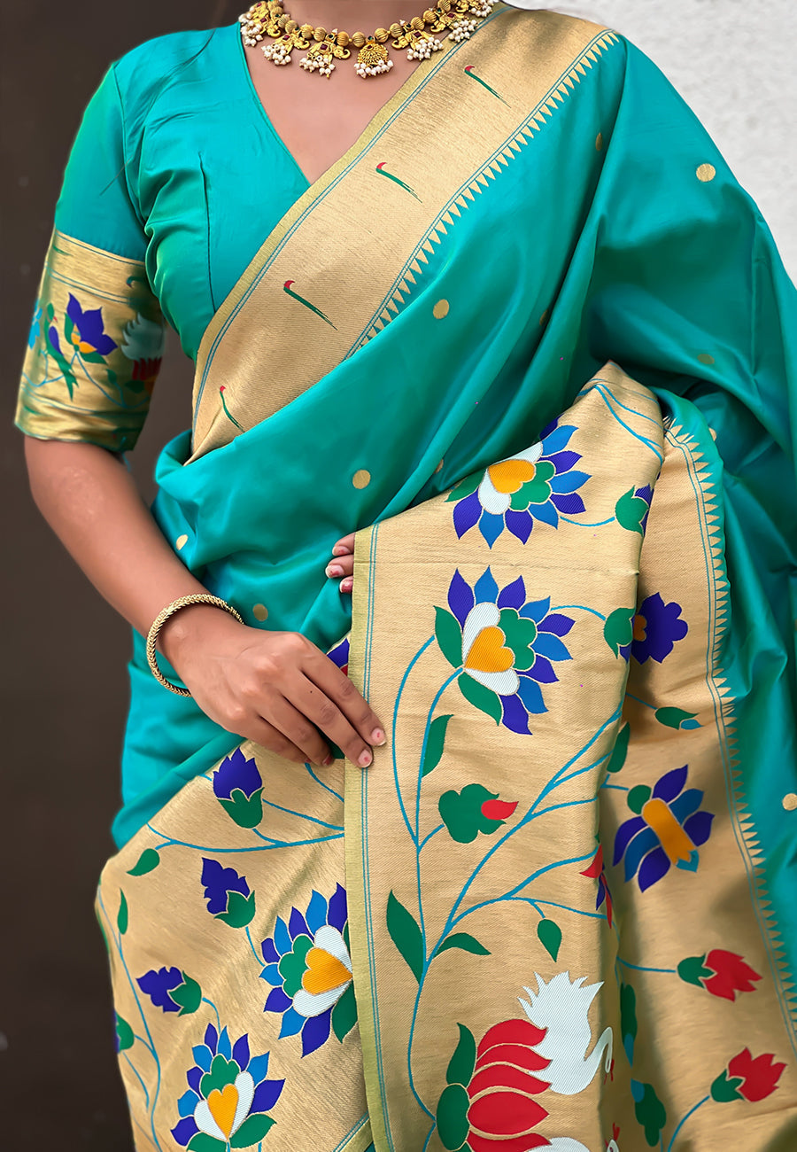 Sea Blue Paithani Silk Saree with Half Half Concept Big Border Zari Woven Saree