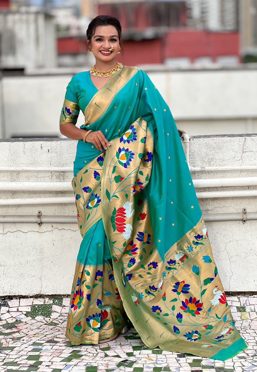 Sea Blue Paithani Silk Saree with Half Half Concept Big Border Zari Woven Saree