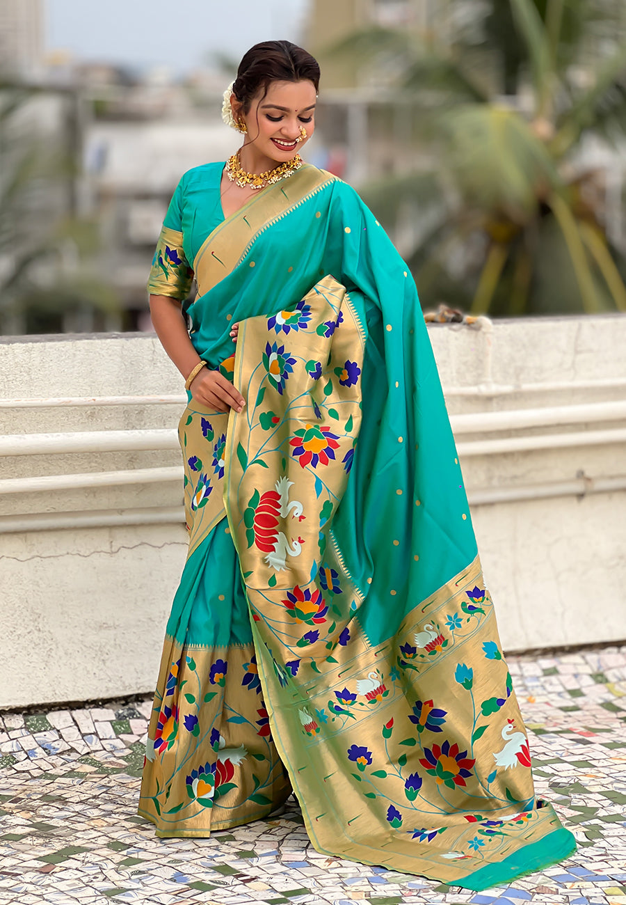 Sea Blue Paithani Silk Saree with Half Half Concept Big Border Zari Woven Saree