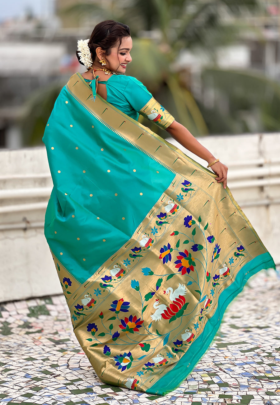 Sea Blue Paithani Silk Saree with Half Half Concept Big Border Zari Woven Saree