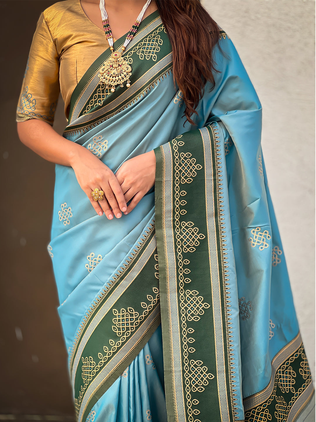 Baby blue soft silk traditional zari contrast woven saree