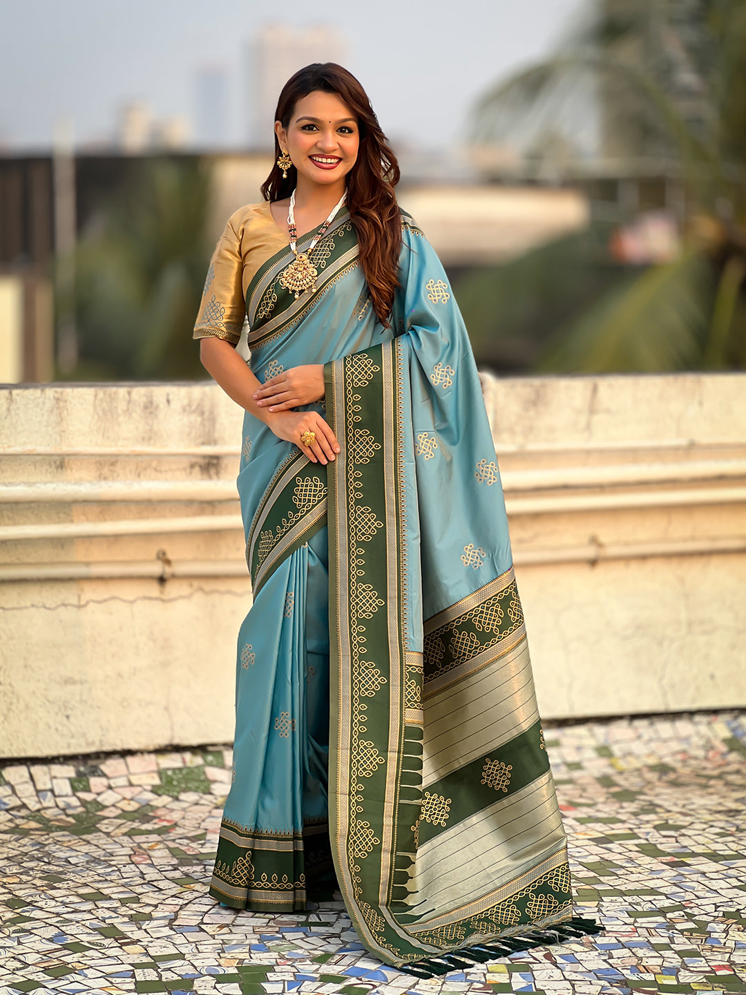 Baby blue soft silk traditional zari contrast woven saree