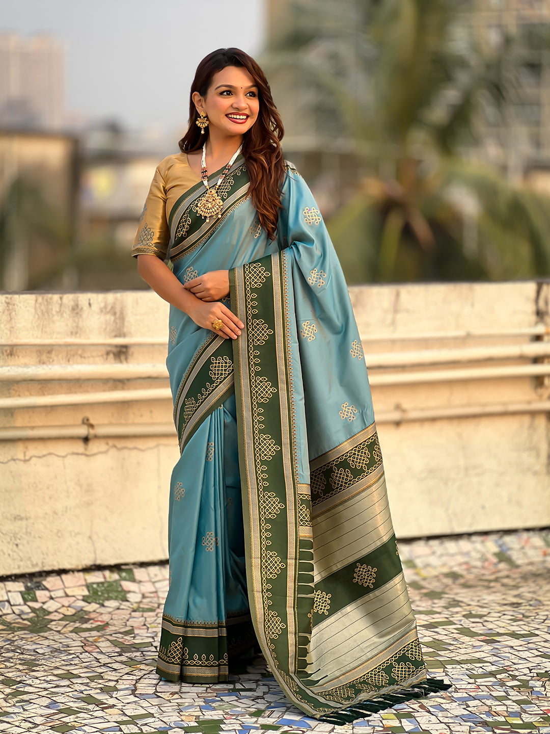 Baby blue soft silk traditional zari contrast woven saree