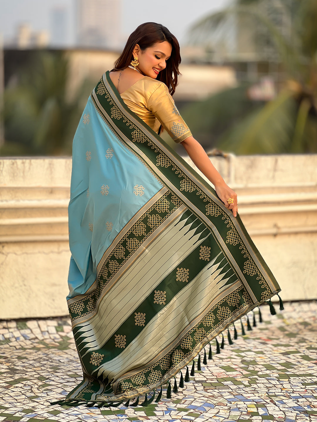 Baby blue soft silk traditional zari contrast woven saree