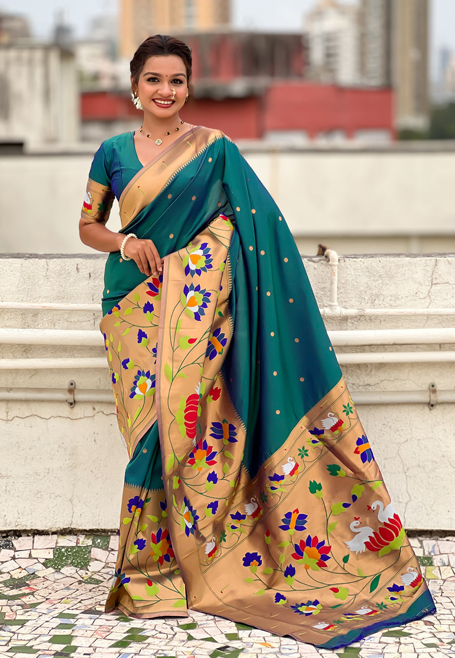 Green paithani silk saree with half half concept big border zari woven saree