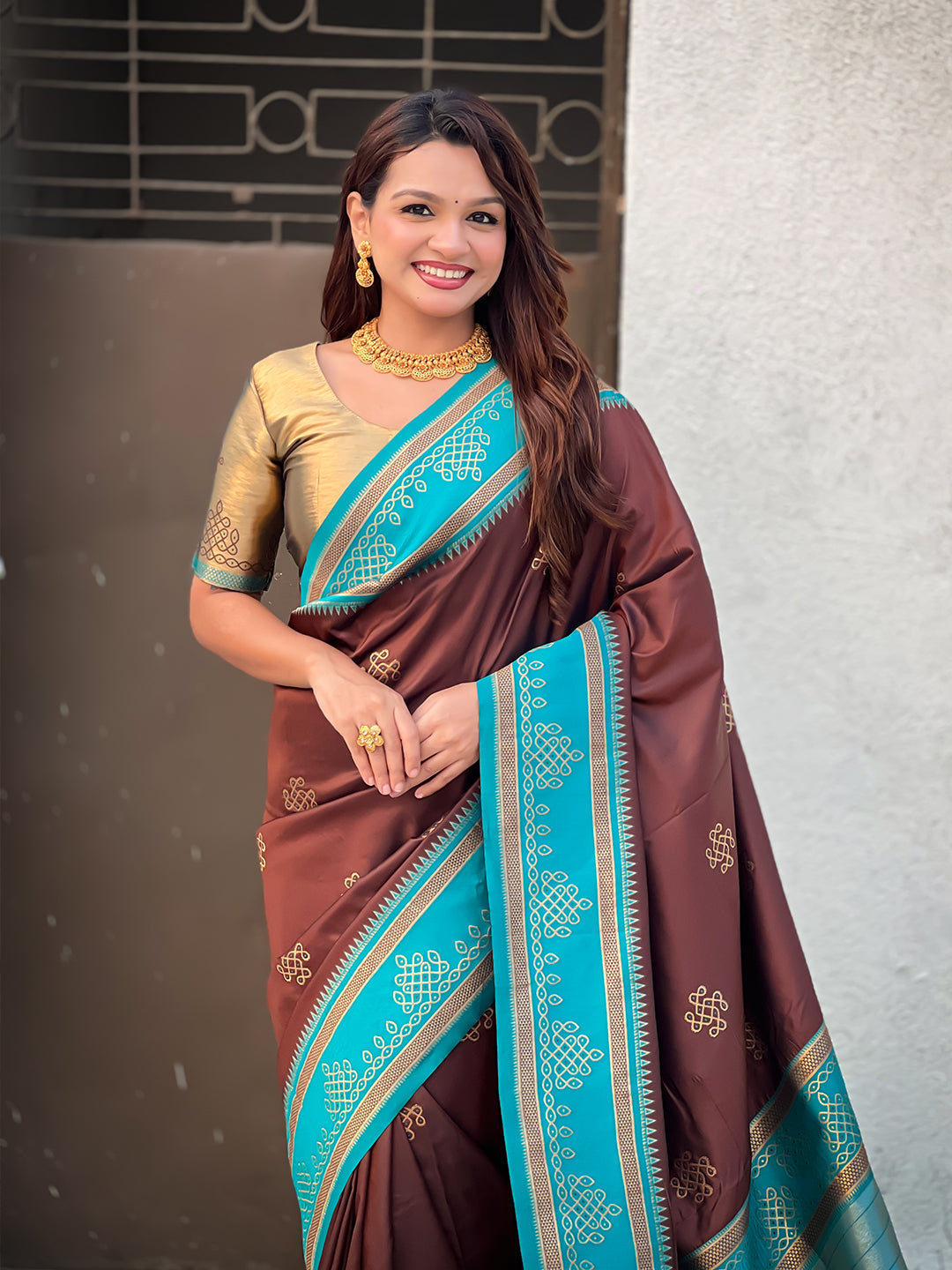 Coffee soft silk traditional zari contrast woven saree